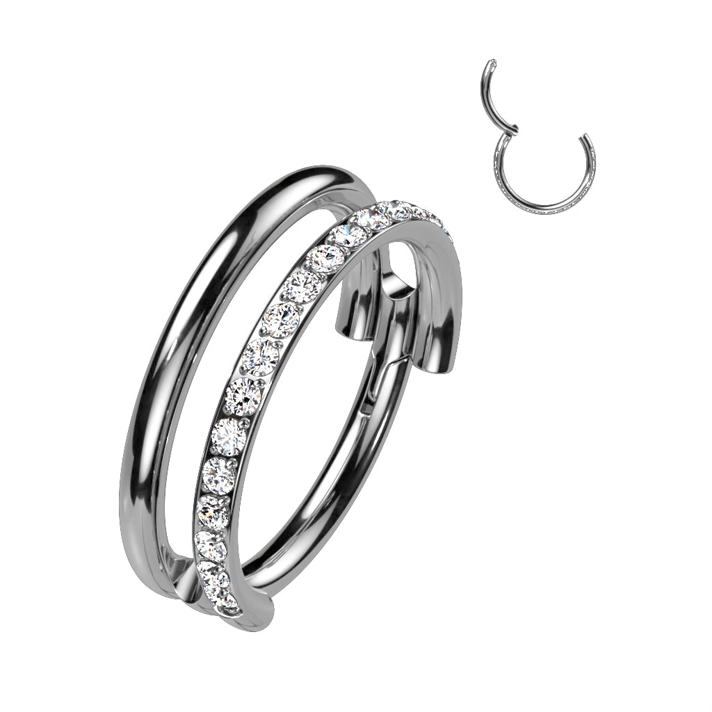 Double Hoop Ring With One Outward Facing Pave CZ