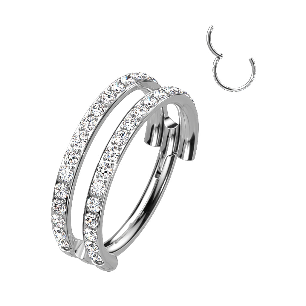 Double Line Hoop Ring With Outward Facing Pave CZ