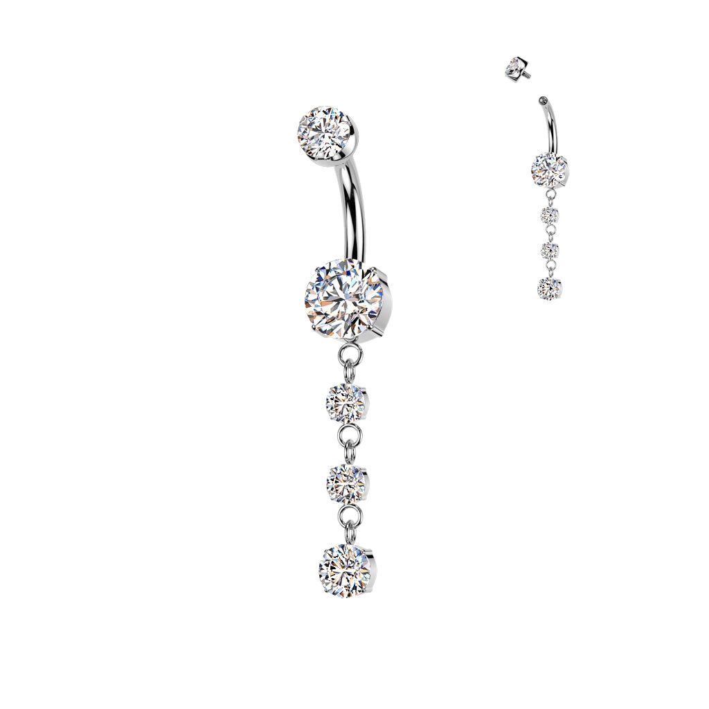 Double Prong Set CZ Belly Button Ring With 3 Round