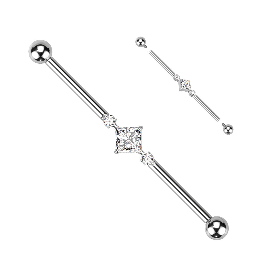 Industrial Barbell With Square CZ Center and 2 Round